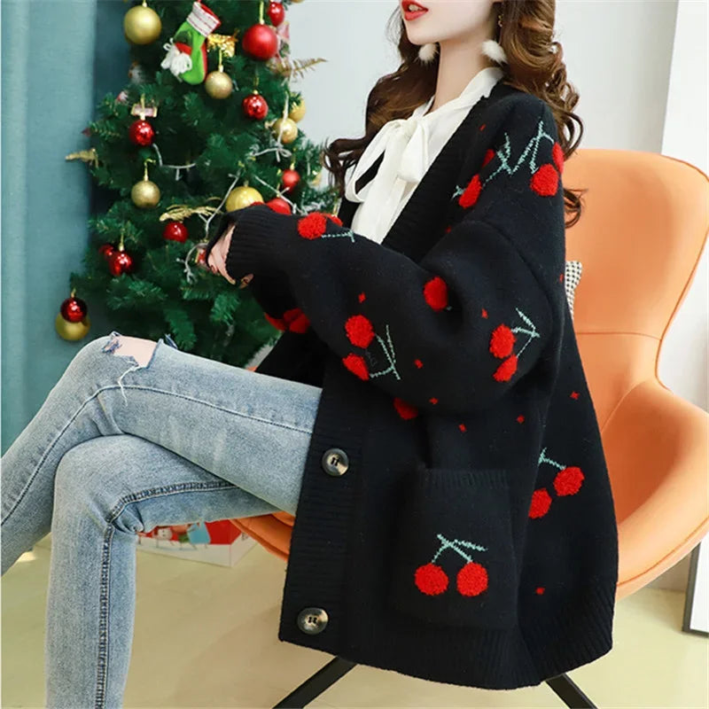 2025 Autumn V-Neck Long Sleeve Sweater Cardigan Women Jacket Coat Loose Thick Warm Knitwear Cherry Embroidery Knitted Cardigan - Colouronova