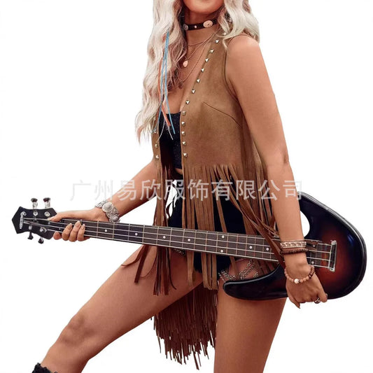 Vests Women Sleeveless Y2k Coats Cardigan Streetwear Tassel High Street Jacket Loose Rivet Slight Strech 2025 Summer Leather - Colouronova