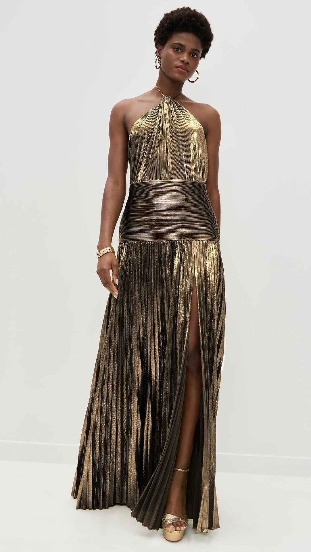 Metallic Halter Slit Backless Dress