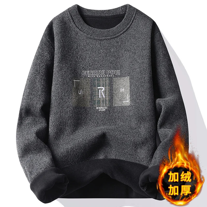 Mens Thick Warm Sweater Crew Neck Knit Sweaters Embroidery Fashion Men's Jumper Casual Sweaters Fleece Lining Winter Pullover - Colouronova