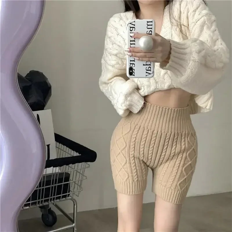Fashion Women Winter Bottoming Shorts Knitted High Waist Elastic Warm Anti-exposure Basic Shorts ThickElastic Postpartum - Colouronova
