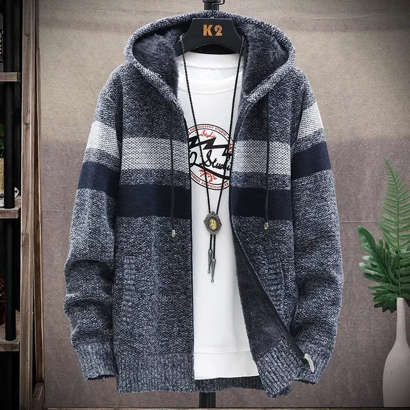 2025 Men's Winter Thick Warm Striped Cardigan Sweater Hooded Faux Fur Wool Jacket Windbreaker Fleece Jumper Knitted Jacket Male - Colouronova