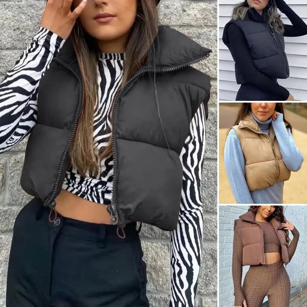 Fall Winter Warm Cropped Vest Jackets for Women Fashion Sleeveless Stand Collar Zip Up Puffer Waistcoat Street Style Outwear - Colouronova