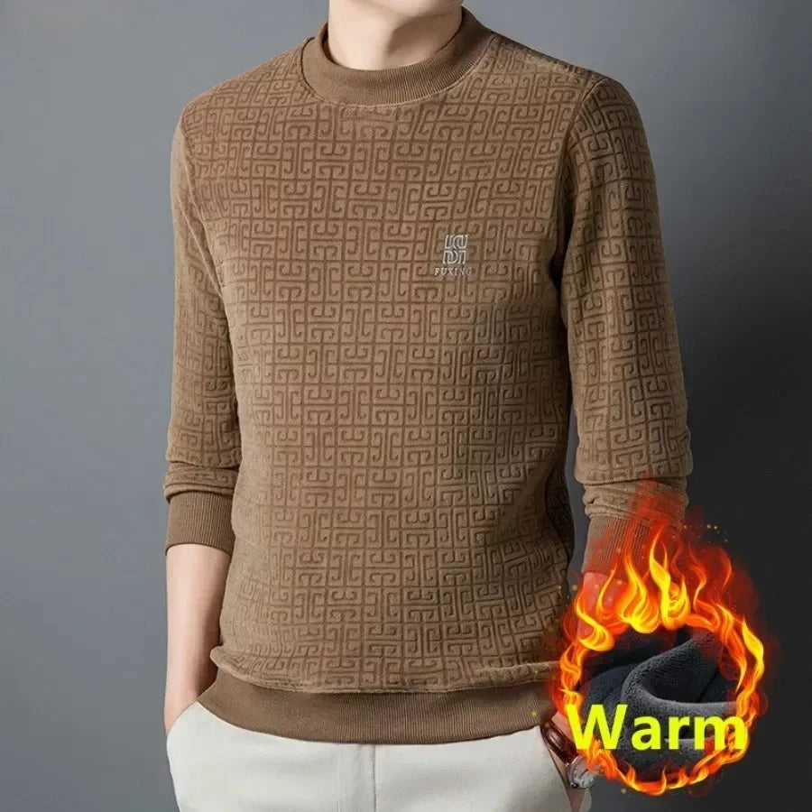 Men's Warm Hoodies Jumper Sweater O-Neck Fleece Thicker Pullover Slim Jacquard Casual Business Tops Men's Winter Clothing - Colouronova