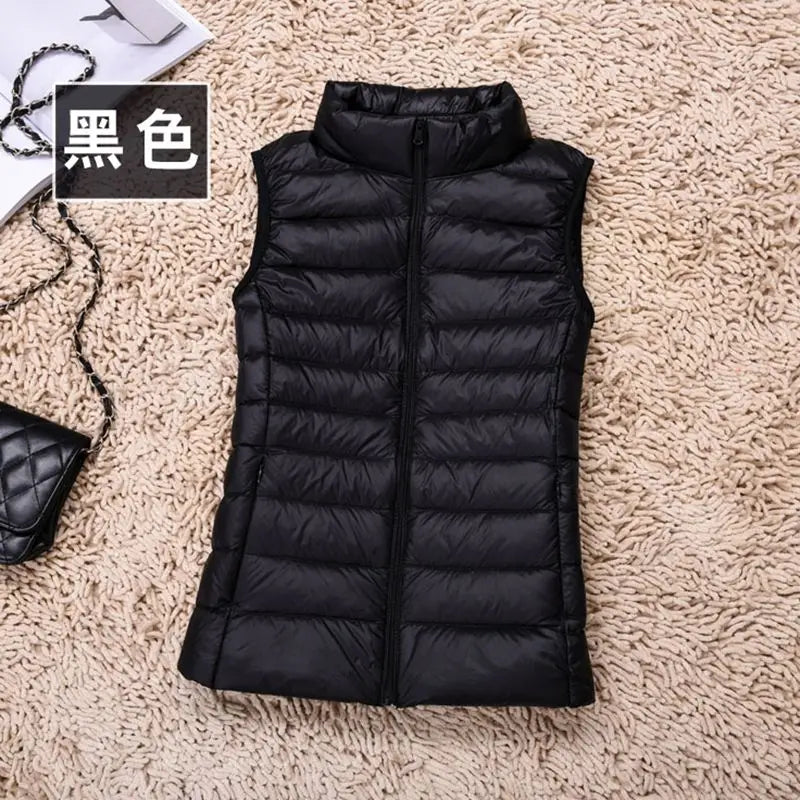 2024 Women's Clothing Down Coats White duck down slim fit new lightweight down vest short standing collar warm thin jacket vests - Colouronova