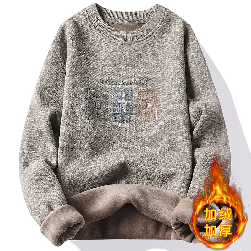 Mens Thick Warm Sweater Crew Neck Knit Sweaters Embroidery Fashion Men's Jumper Casual Sweaters Fleece Lining Winter Pullover - Colouronova