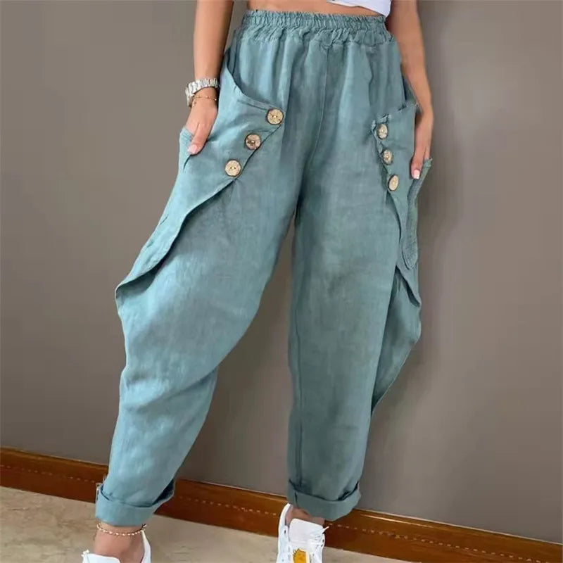 Harem Pants Women Elastic Waist Pockets Button Solid Distressed Slacks Female Streetwear 2025 Casual Ankle Length Trousers - Colouronova