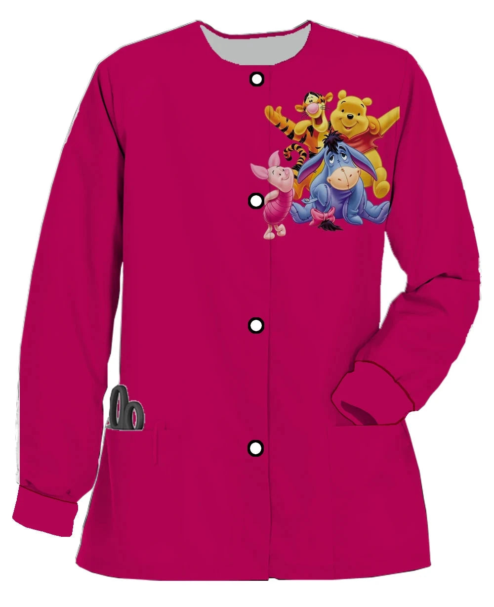 Autumn and Winter New Disney Winnie the Pooh Print Women's Double Pocket Long Sleeve Snap Button Scrub Jacket Medical Coat Colouronova