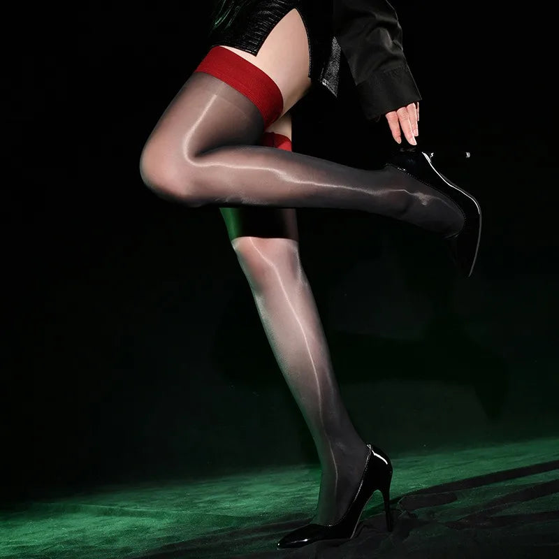 8D Sheer High Shine Knee High Socks Color Blocking Fishnet Stockings Anti-Slip Silicone Band Ultra Thin Stretchable - Colouronova