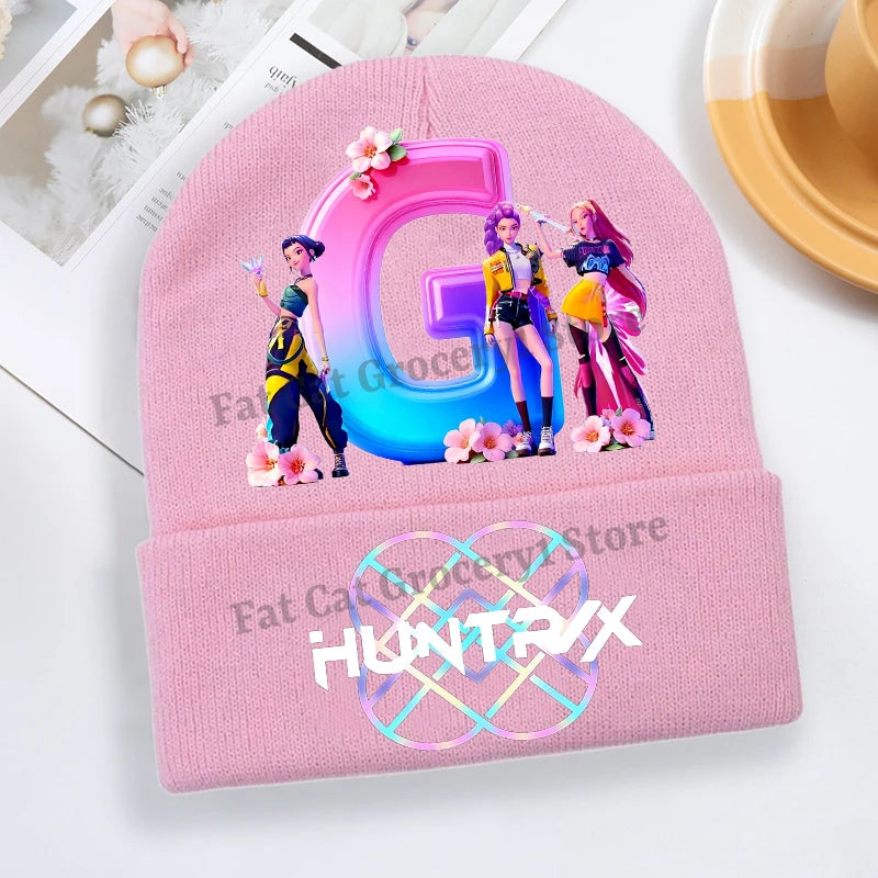 Kpop Demon Hunter Knitted Hat Girls Cute Letter A-Z Knit Cap Kids Winter Outdoors Warm Beanies Children Fashion Headgear Gift - Colouronova