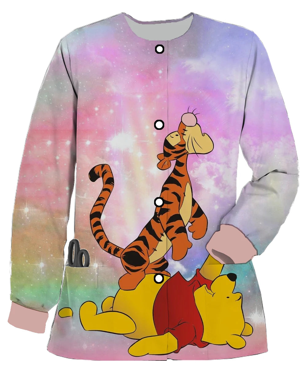 Autumn and Winter New Disney Winnie the Pooh Print Women's Double Pocket Long Sleeve Snap Button Scrub Jacket Medical Coat - Colouronova