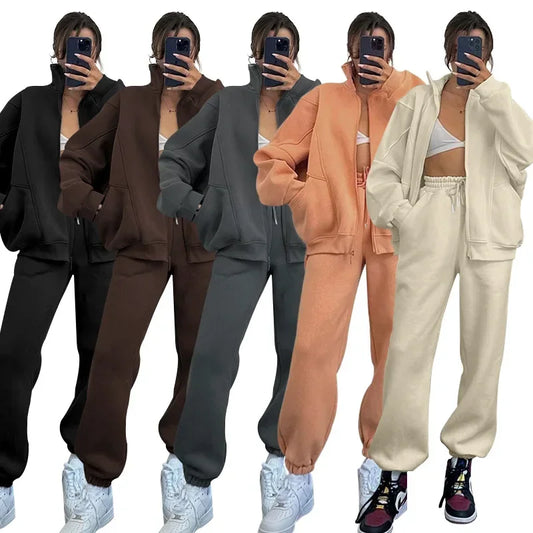 Women Pant Sets Two Piece Sets Zipper Thick Coats Sport Tracksuit Jogger Full Sleeve Solid Loose Long Pants Set Autumn Winter - Colouronova