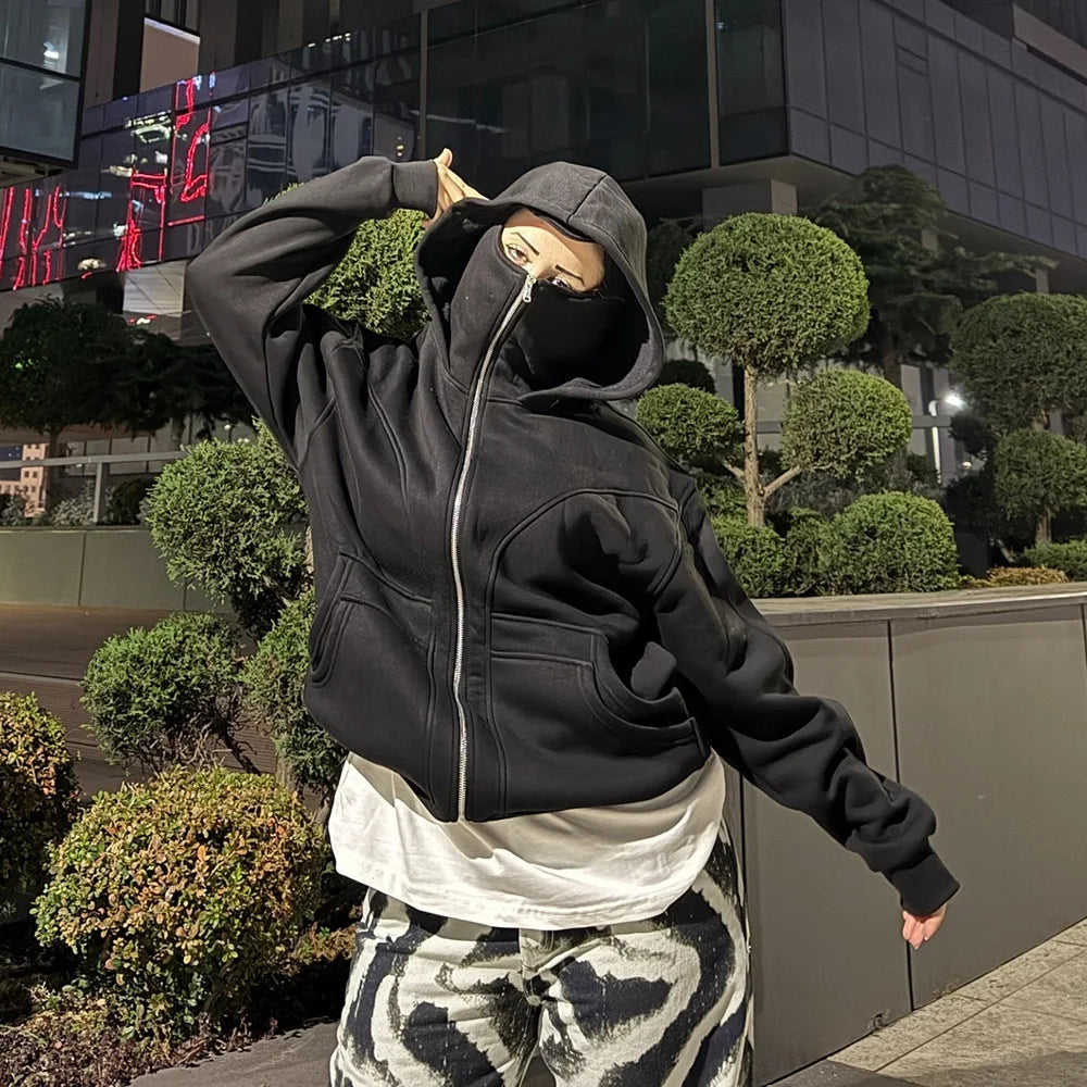 Sports style fashion European and American trend solid color line splicing double hat cardigan zipper hooded Y2K sweatshirt - Colouronova