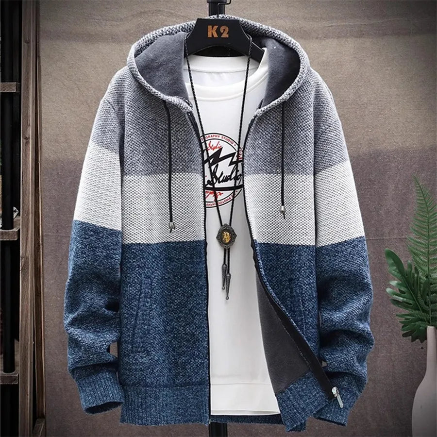 Men Patchwork Winter Warm Sweaters Fleece Jumper Hooded Cardigan Men's Clothing Knitted Coat Male Knitwear Thick Slim Jacket - Colouronova