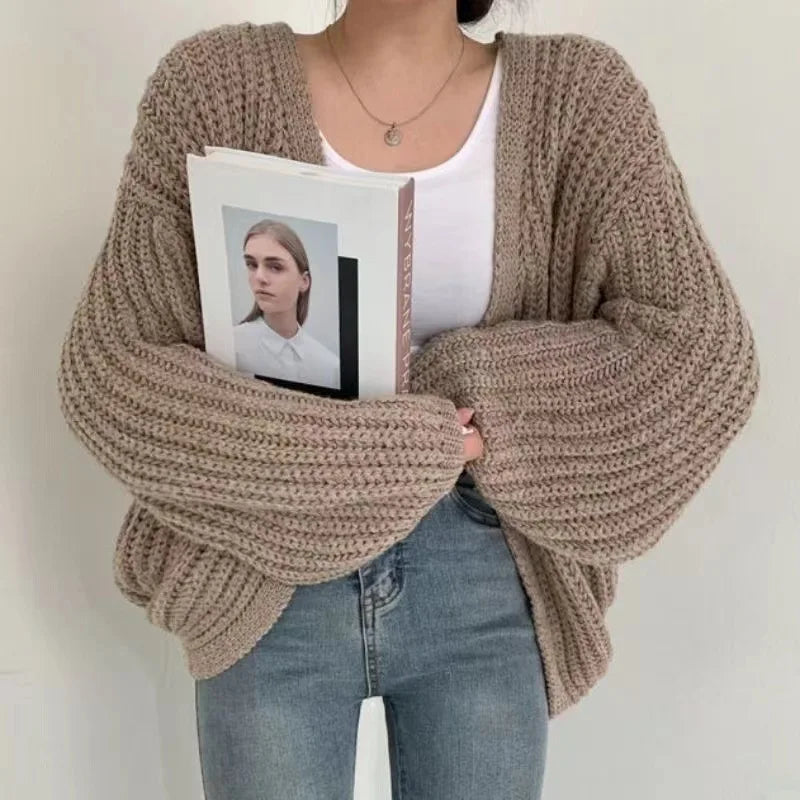 Women Sweaters V Neck Lantern Sleeve Cardigan Jumpers Knit Open Stitch Regular Solid Spliced Casual Simple Autumn 2025 - Colouronova