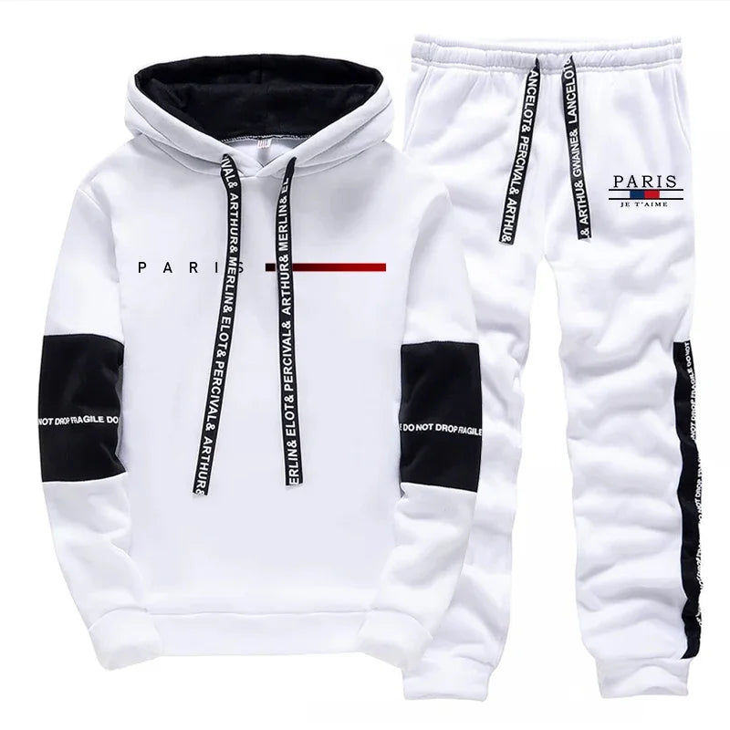 2025 Trendy Paris Print Hooded Tracksuit Men Winter Autumn Casual Jogging Outfit Athletic Sportswear Sweatpants Men's Clothes - Colouronova