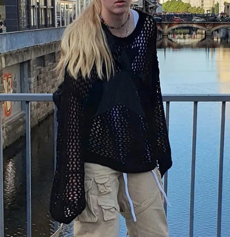 Women's Y2K Sweater 2024 Winter Lazy Solid Color Star Pattern Hollow Out Hoodie Jacket Loose Fit O-Neck Long Sleeve Casual Top - Colouronova