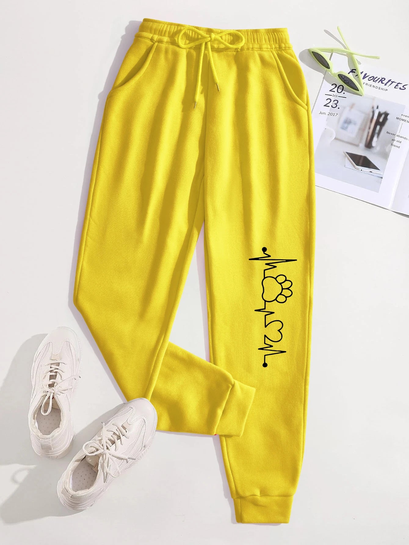 Creative Heartbeat Dog Claw Print Pants Womens Jogger Sportpants Fleece Drawstring Long Pant Fashion Street Female Sweatpants - Colouronova