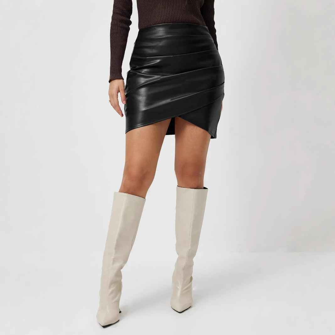 Elegant PU Leather A-Line Short Skirt