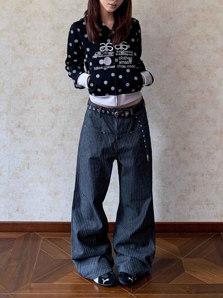 Retro Vertical Striped Denim Pants High Waist Straight Leg