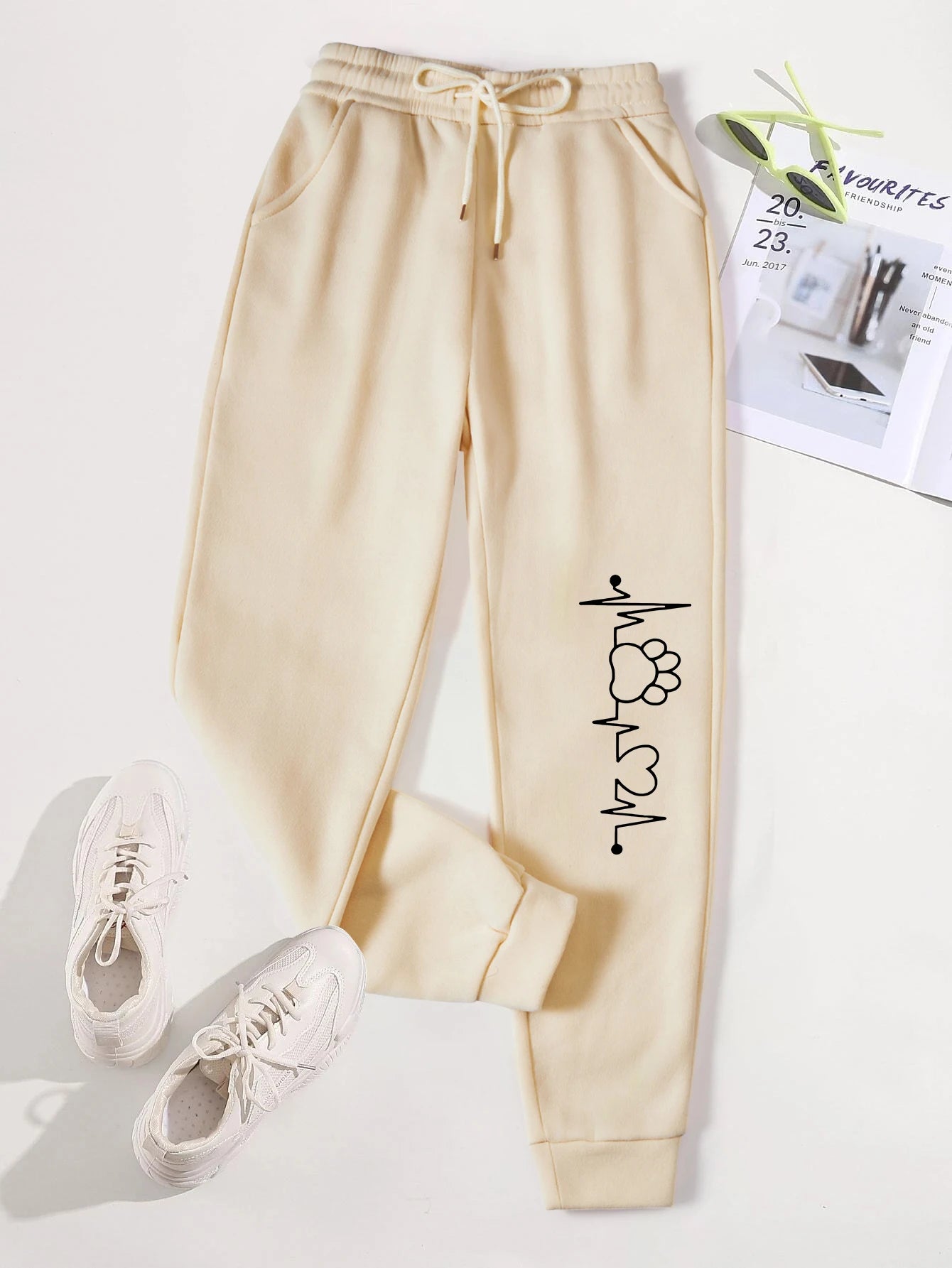 Creative Heartbeat Dog Claw Print Pants Womens Jogger Sportpants Fleece Drawstring Long Pant Fashion Street Female Sweatpants - Colouronova