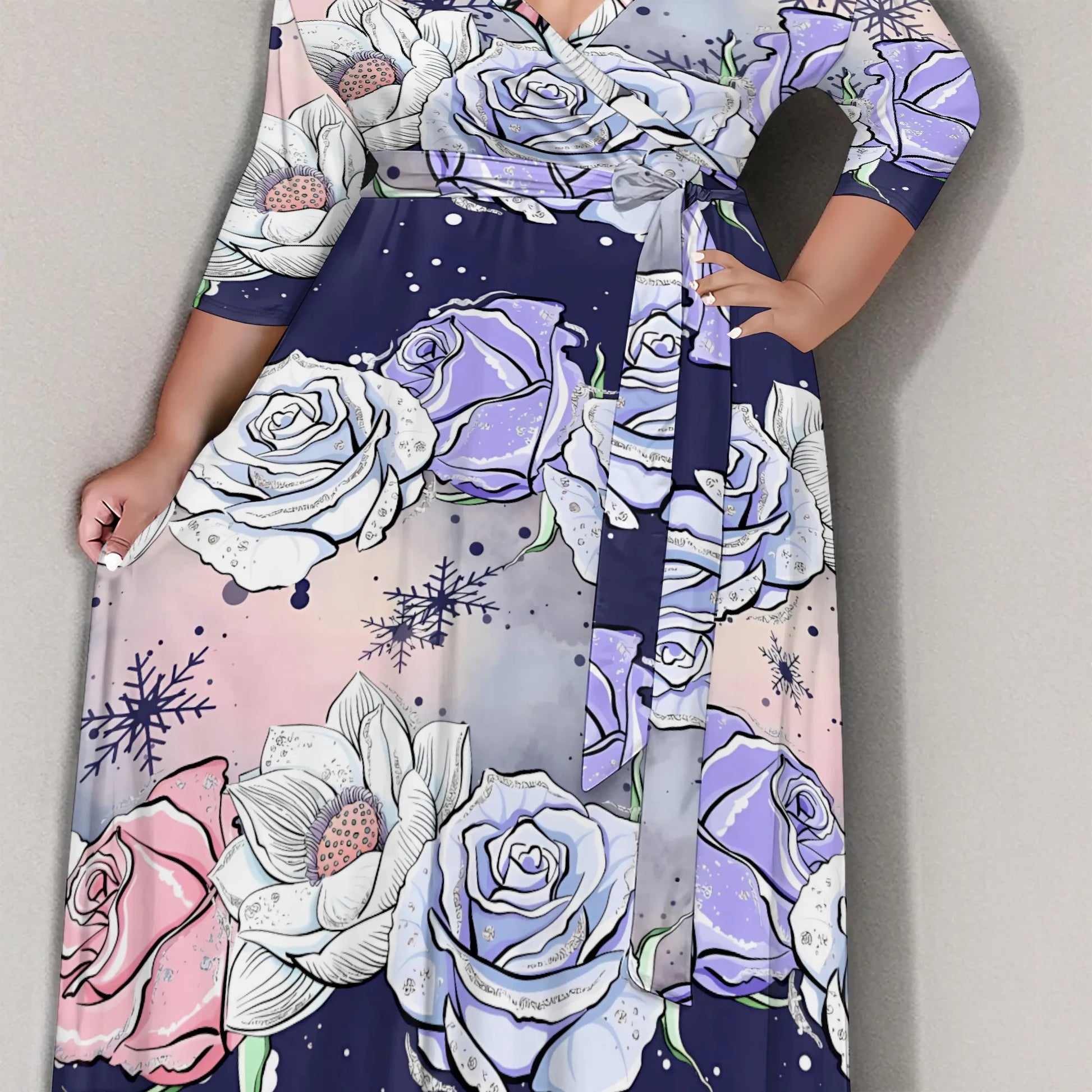 Plus Size Snowflake Floral Print Maxi Dress 3/4 Sleeve V Neck Winter Holiday Elegant Belted Dress - Colouronova