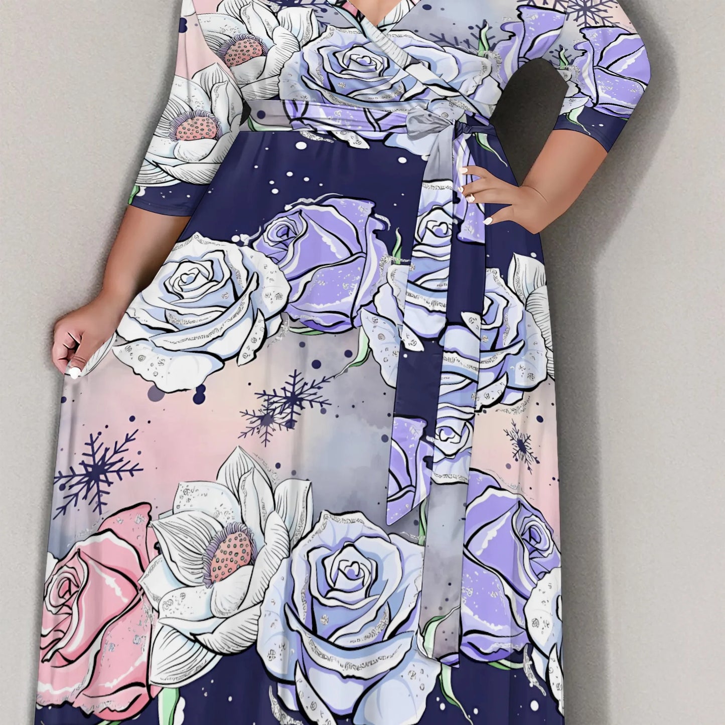 Plus Size Snowflake Floral Print Maxi Dress 3/4 Sleeve V Neck Winter Holiday Elegant Belted Dress - Colouronova