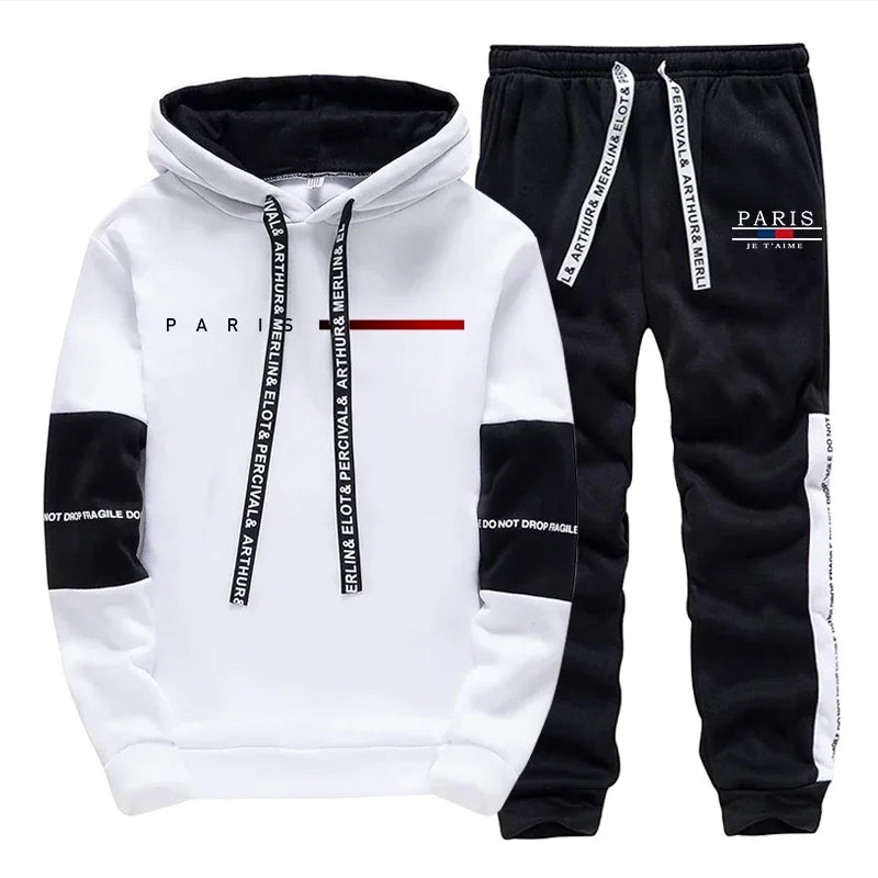 2025 Trendy Paris Print Hooded Tracksuit Men Winter Autumn Casual Jogging Outfit Athletic Sportswear Sweatpants Men's Clothes - Colouronova