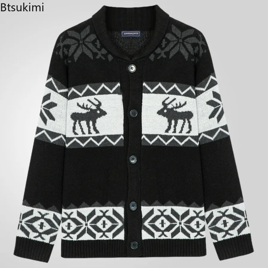 2025 Autumn Winter Men's Snowflake Christmas Sweater Knitted Sweater V-Neck Casual Knit Jumpers Pullovers Home Warm Outwear Male - Colouronova