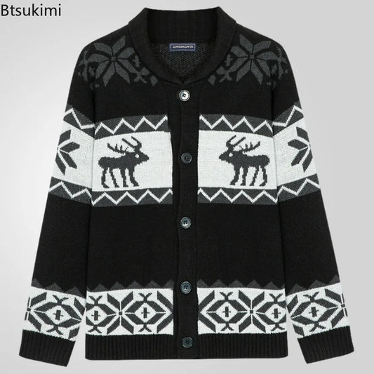 2025 Autumn Winter Men's Snowflake Christmas Sweater Knitted Sweater V-Neck Casual Knit Jumpers Pullovers Home Warm Outwear Male - Colouronova