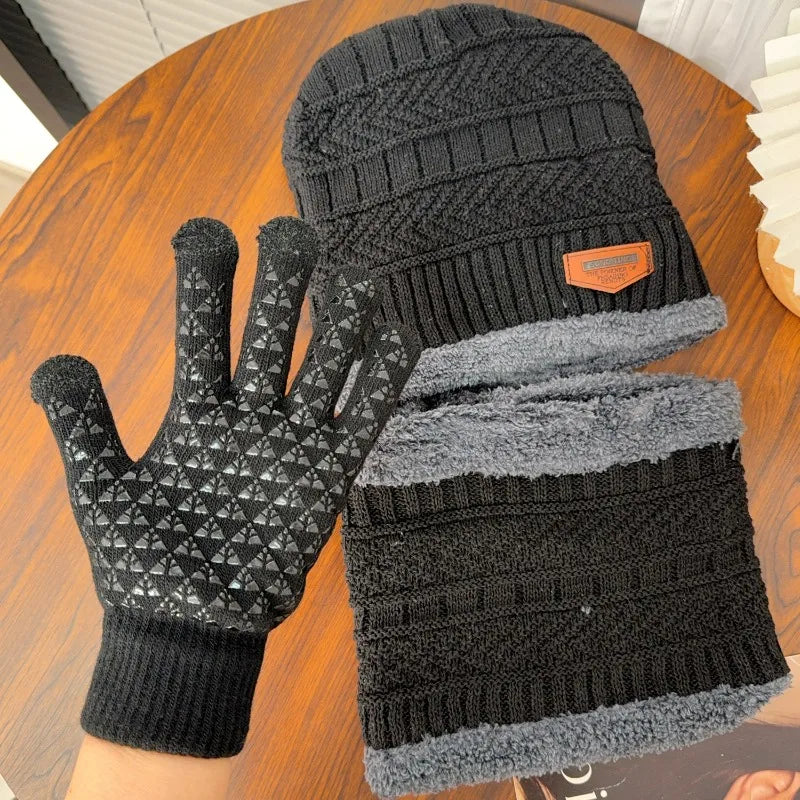 3Pcs/set Winter Beanie Hat Neck Warmer Gloves for Men Women Thicken Warm Plush Lined Knitted Outdoor Riding Windproof Scarf Caps - Colouronova