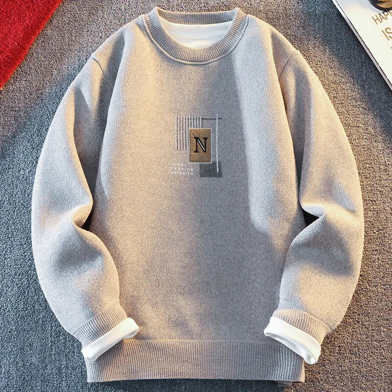 Mens Thick Warm Sweater Crew Neck Knit Sweaters Embroidery Fashion Men's Jumper Casual Sweaters Fleece Lining Winter Pullover - Colouronova