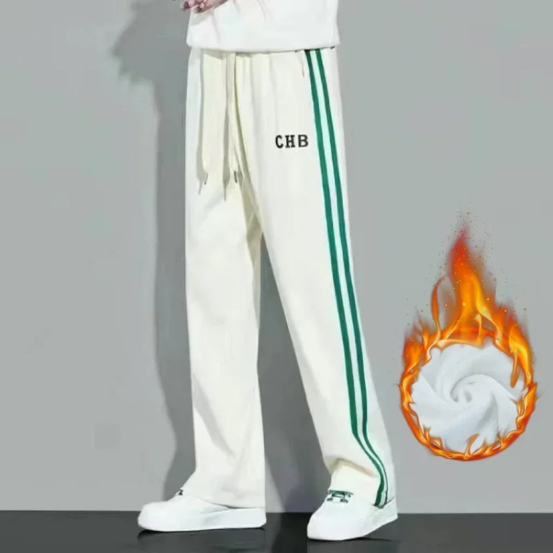 Fleece Thick Warm Straight Casual Pants Men Autumn Winter New Patchwork Striped Drawstring Waist Loose Versatile Sports Trousers - Colouronova