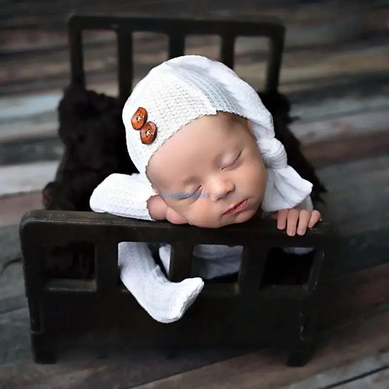 K9FF 2 Pcs/Set Knitted Jumpsuit Long Tail for Head Wrap Turban Beanie Cap Newborn Photography Props Baby Boy Girl Romper Hat - Colouronova