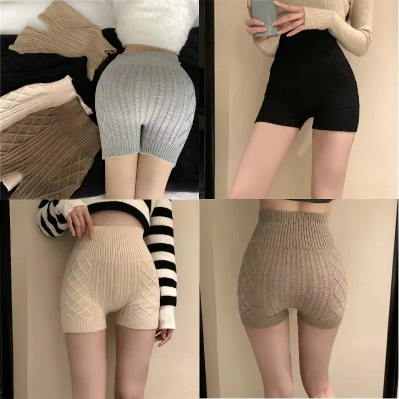 Fashion Women Winter Bottoming Shorts Knitted High Waist Elastic Warm Anti-exposure Basic Shorts ThickElastic Postpartum - Colouronova
