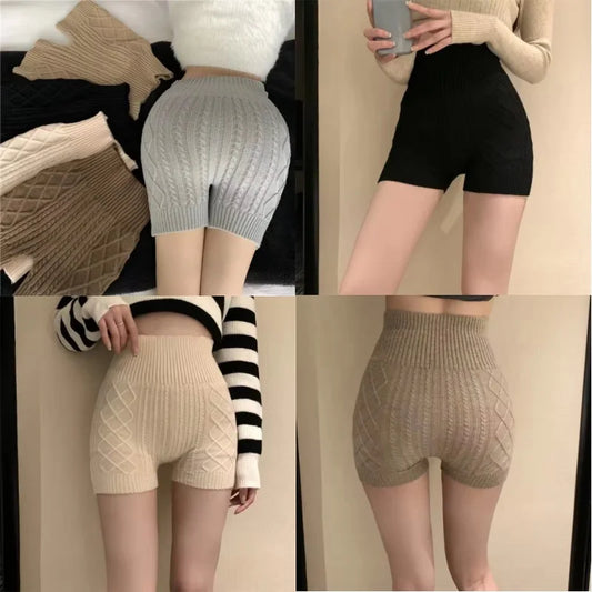 Fashion Women Winter Bottoming Shorts Knitted High Waist Elastic Warm Anti-exposure Basic Shorts ThickElastic Postpartum - Colouronova