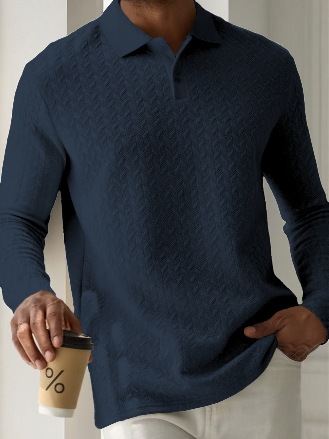 Mens Textured Long Sleeve Polo Shirts Colouronova
