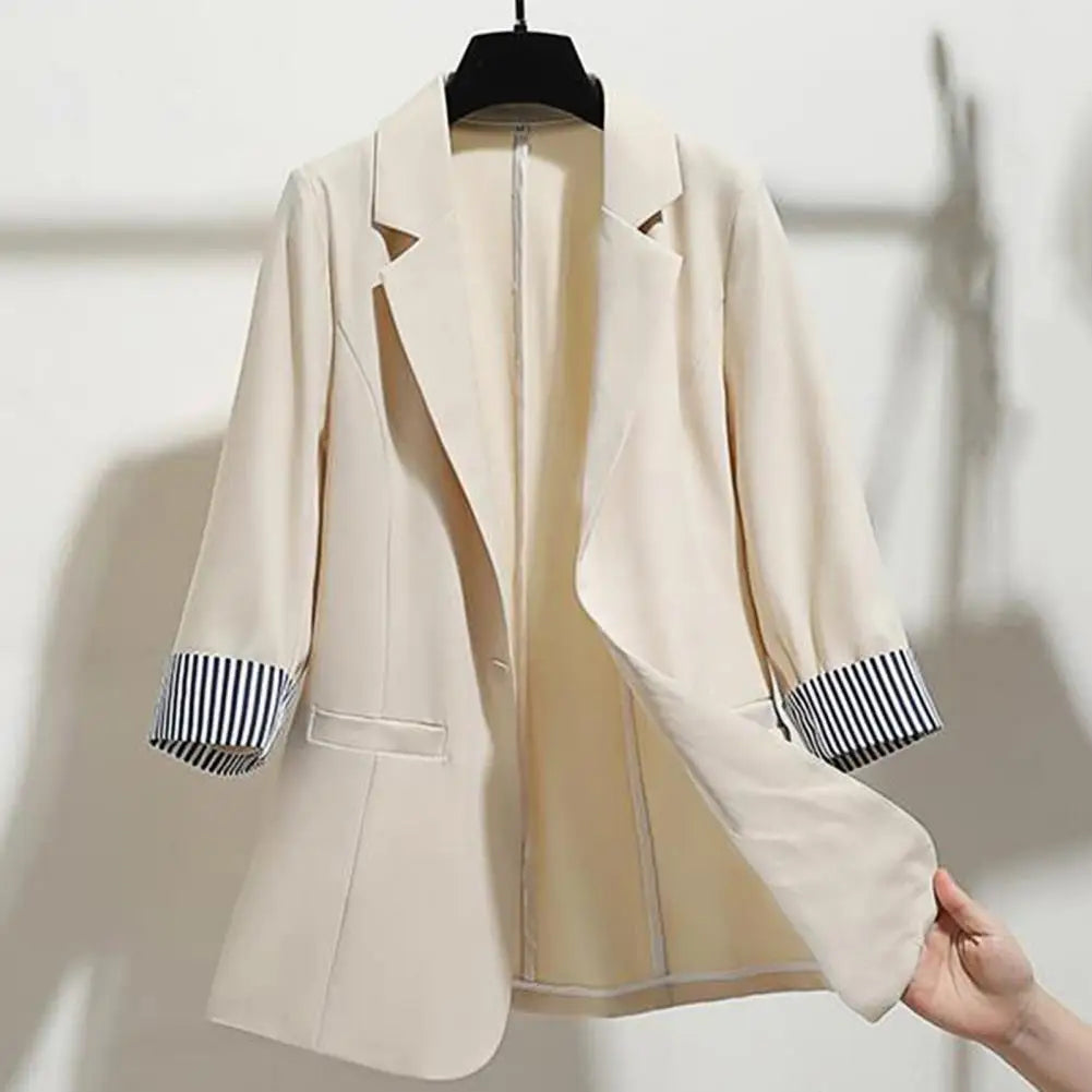 3 4 Sleeve Striped Patchwork Cuff Pockets Women Solid Color Lapel Single Button Thin Suit Coat Workwear - Colouronova