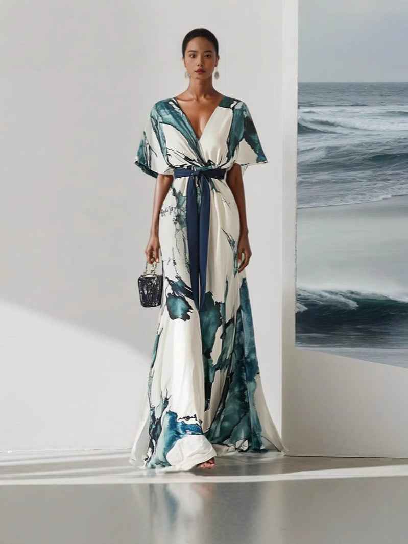 V-neck Digital Print A-line Dress