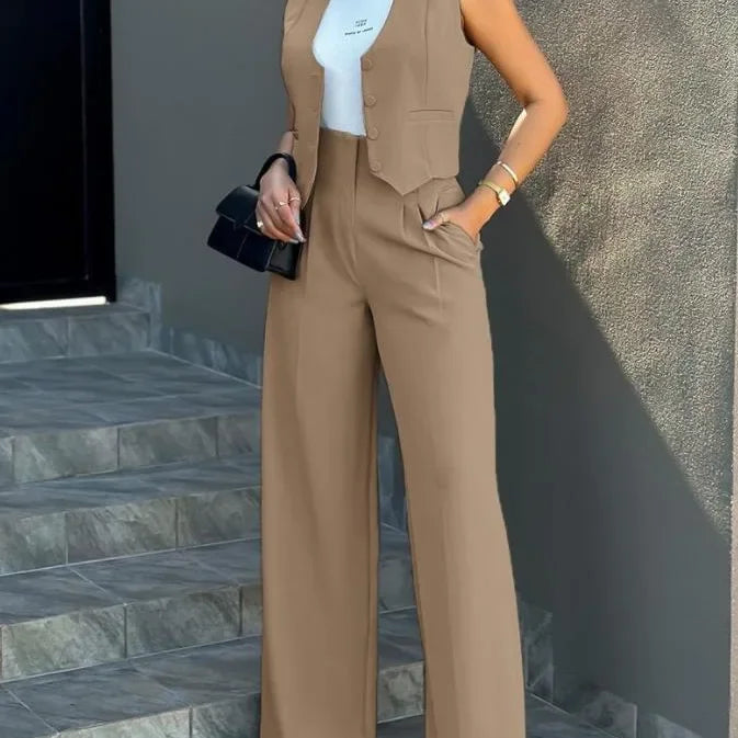 Women Pant Set Two Piece Sets Wide Leg Long Pants Halter Sleeveless Tops Slim Fit Solid Casual Office Lady Elegant Matching Sets - Colouronova