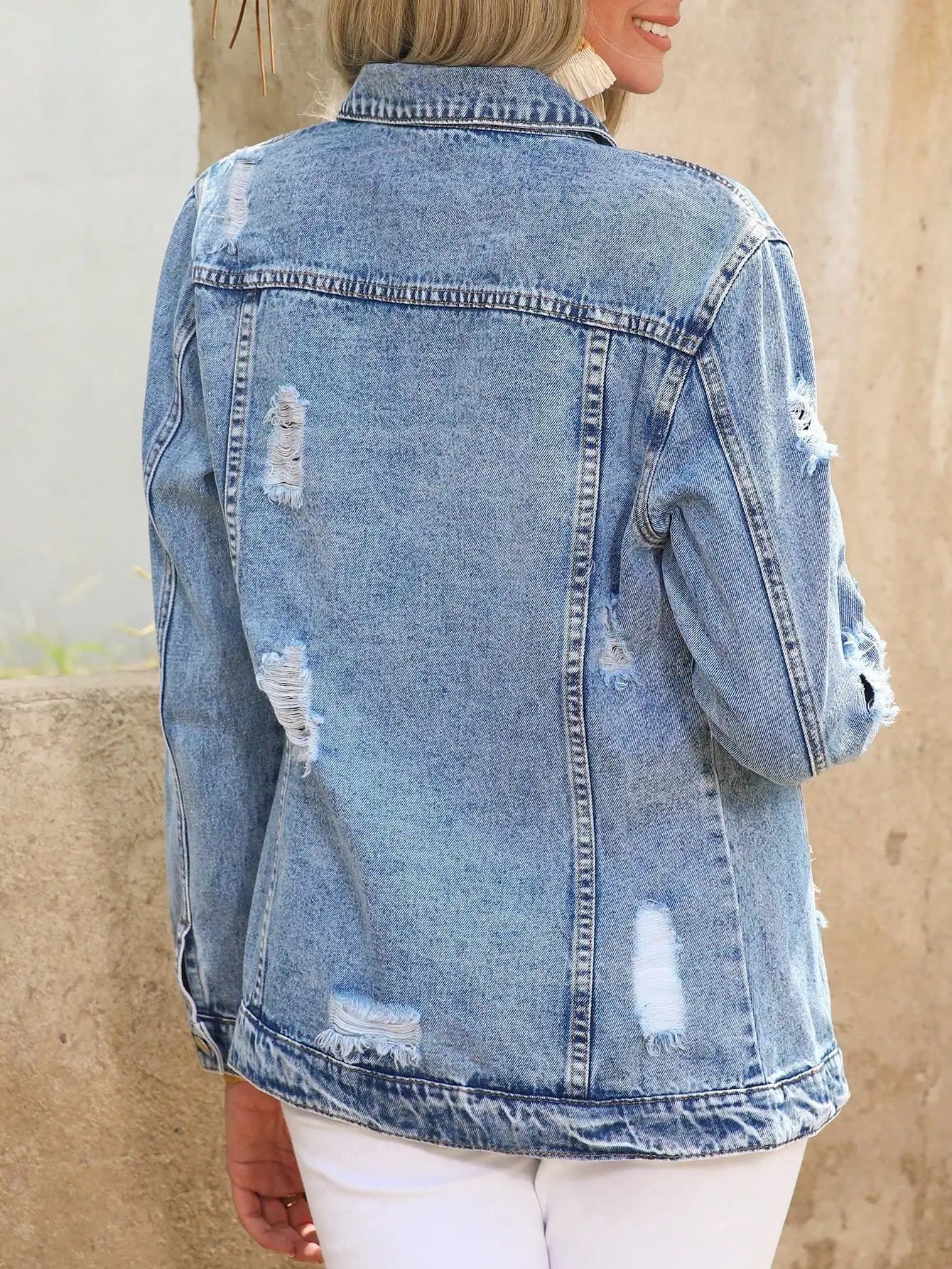 WGXWGX Women's Oversized Distressed Denim Jacket Trendy Retro Style Cotton Button-Front Ripped Detail Outerwear - Colouronova