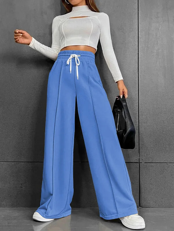 High Waist Wide Leg Pants Women Full Length Trousers Solid Capris Drawstring Pockets Loose Fit Sports Casual Slight Strech - Colouronova