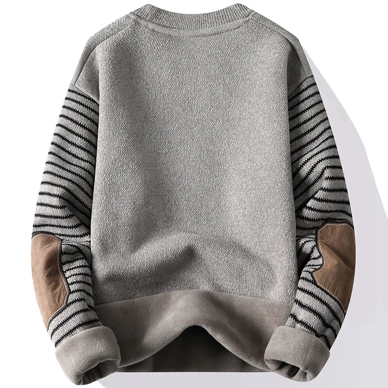 Men's Sweater Patckwork Round Neck Pullovers Fleece Lined Thick Warm Winter Knitwear Fashion Jumpers Men's Clothes - Colouronova
