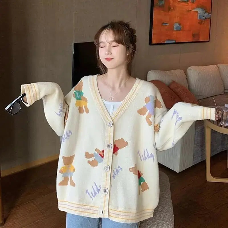 Knitted Korean Cardigan Woman's Clothes Cute V-neck Jacquard Loose Outerwear Lazy Style Youth Lively Fashion Trend Autumn Winter - Colouronova