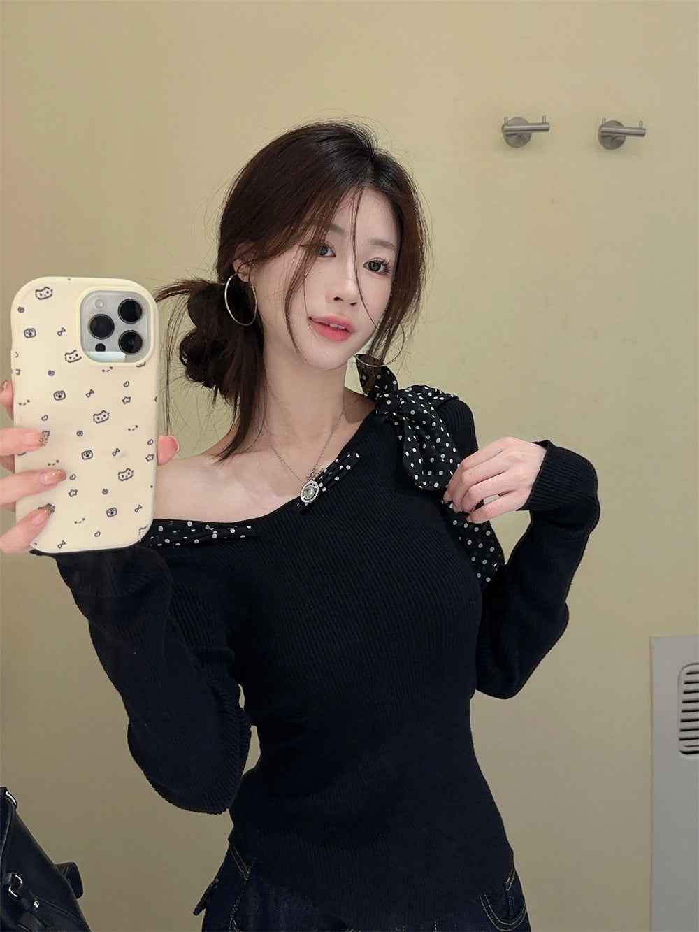 Black Polka Dot Bow Asymmetrical Blouse