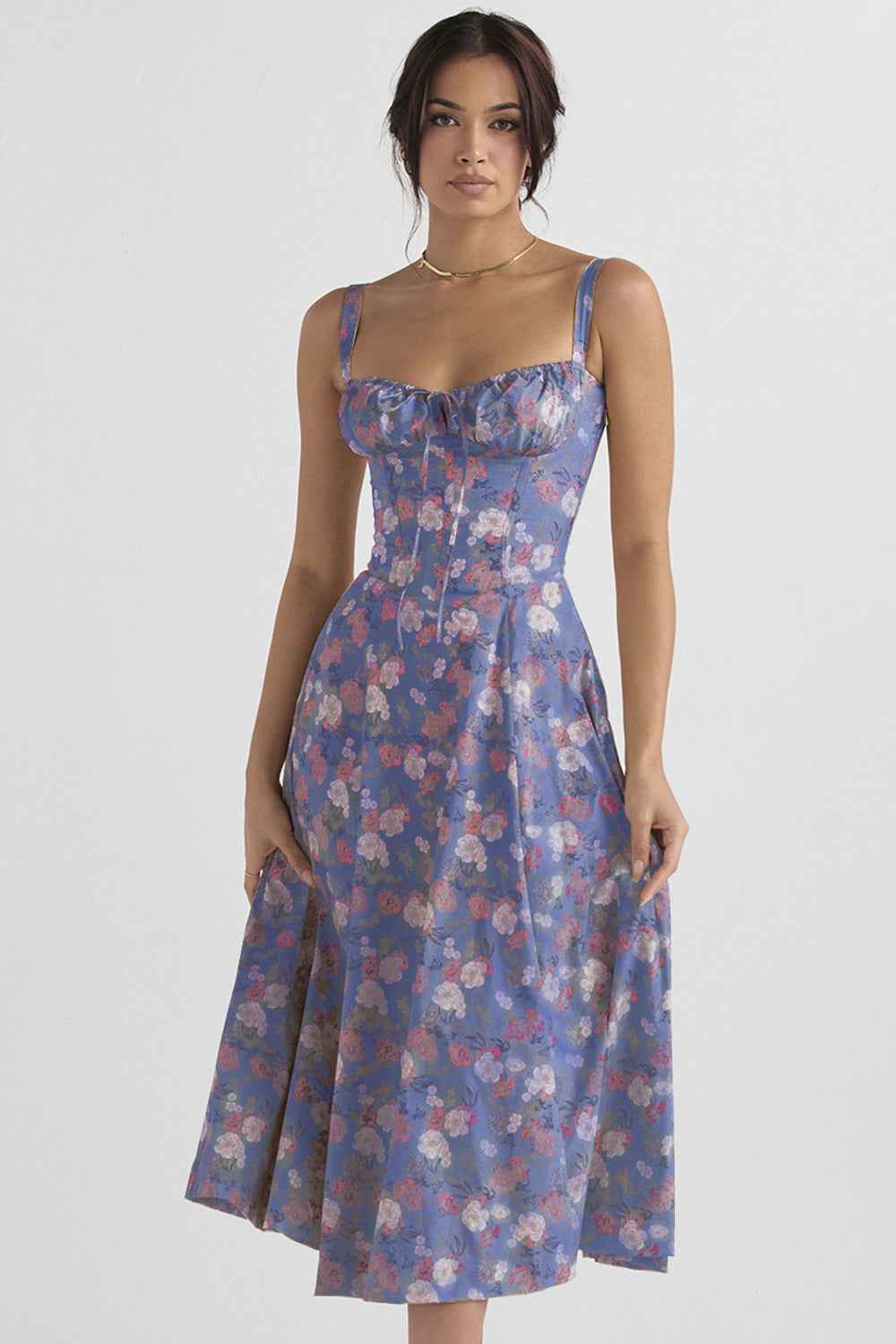 Elegant Sling Midi Dress with Floral Patterns
