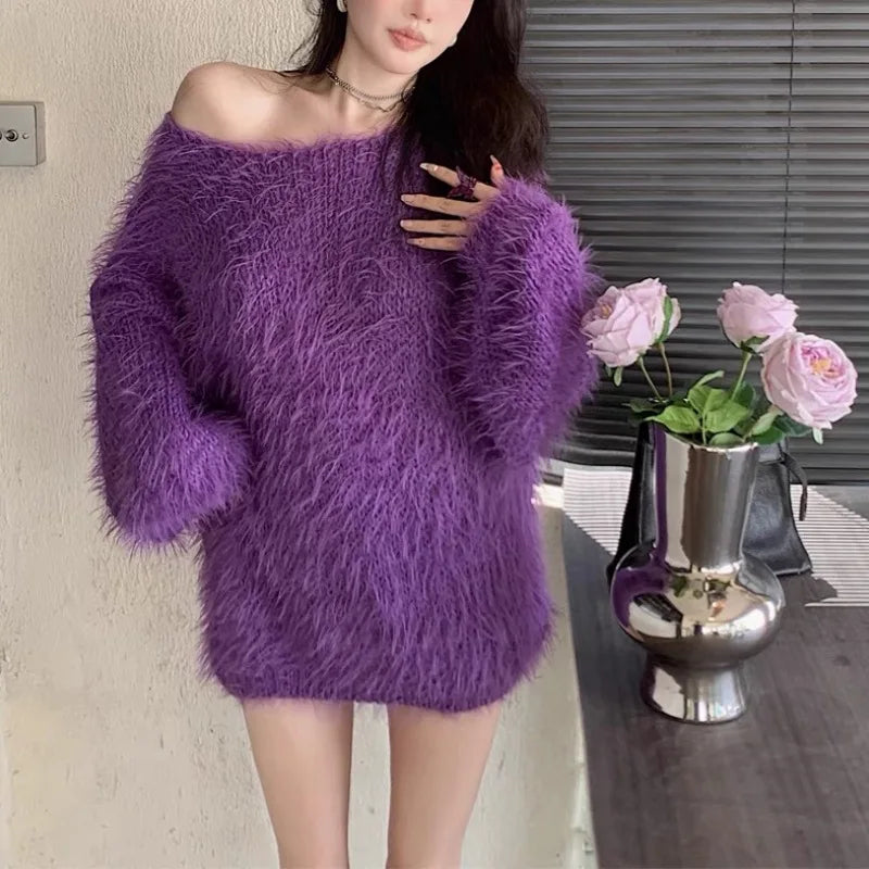 Women's Autumn Winter Faux Mink Hair Fuzzy Loose Long Sweater Lady Casual Solid Collar Pullover Long Sleeve Jumper - Colouronova