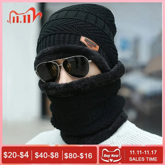 2024 New Winter Beanie Hat for Men Knitted Hat Winter Cap Beanie Women Thick Wool Neck Scarf Cap Balaclava Mask Bonnet Hats - Colouronova