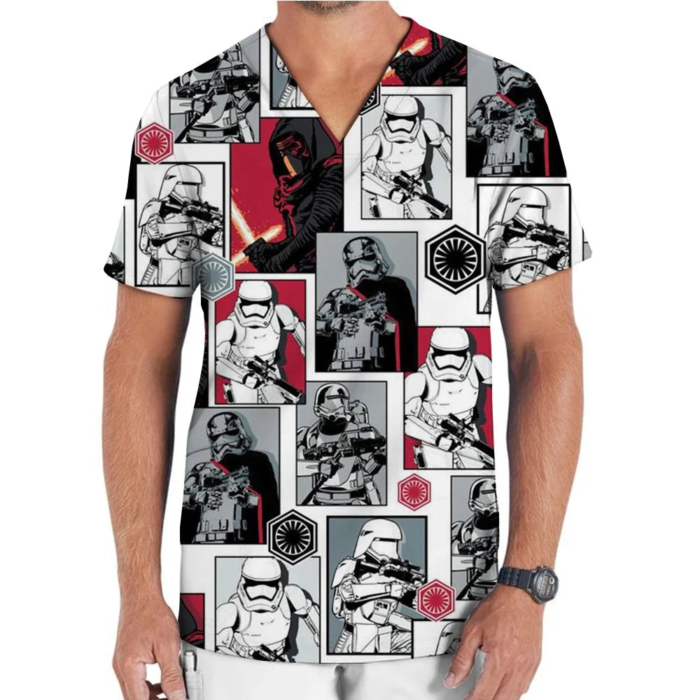 Medical Uniform Men's Nurse Marvel Superhero Matte V-neck Short sleeved Shirt Hospital Top Surgical Dress Men's Dentist T-shirt Colouronova