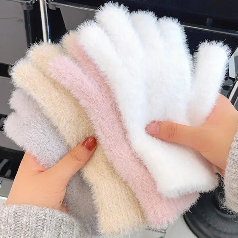 Fashion Winter Mink Velvet Five Finger Gloves Plush Warm Cold-proof Gloves Women Outdoors Cycling Solid Color Wistiti Mittens - Colouronova